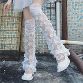 1 Pair Women’s White Lace Leg Warmers with Ruffled Edge & Floral Pattern – Sheer Butterfly Mesh Over Knee Socks, Delicate Polyester Boot Covers for Casual Style - KawaSocks